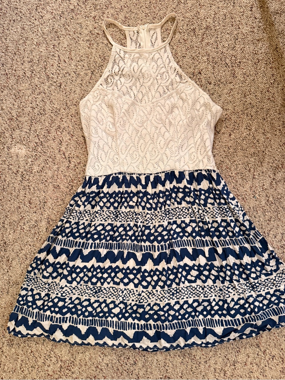 White Lace  Dress with Navy Patterned Skirt